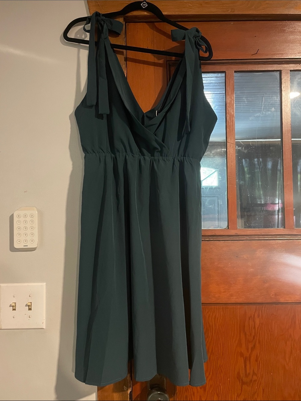 Tie-Shoulder V-Neck Mini Dress in Deep Green